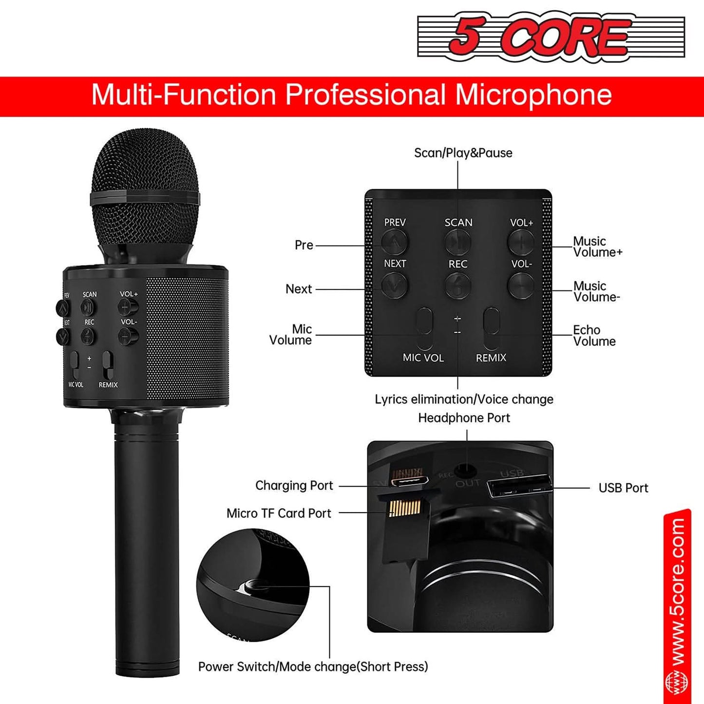 5Core Wireless Karaoke Microphone Bluetooth Mic Portable Handheld Microfonos Inalambricos BLACK